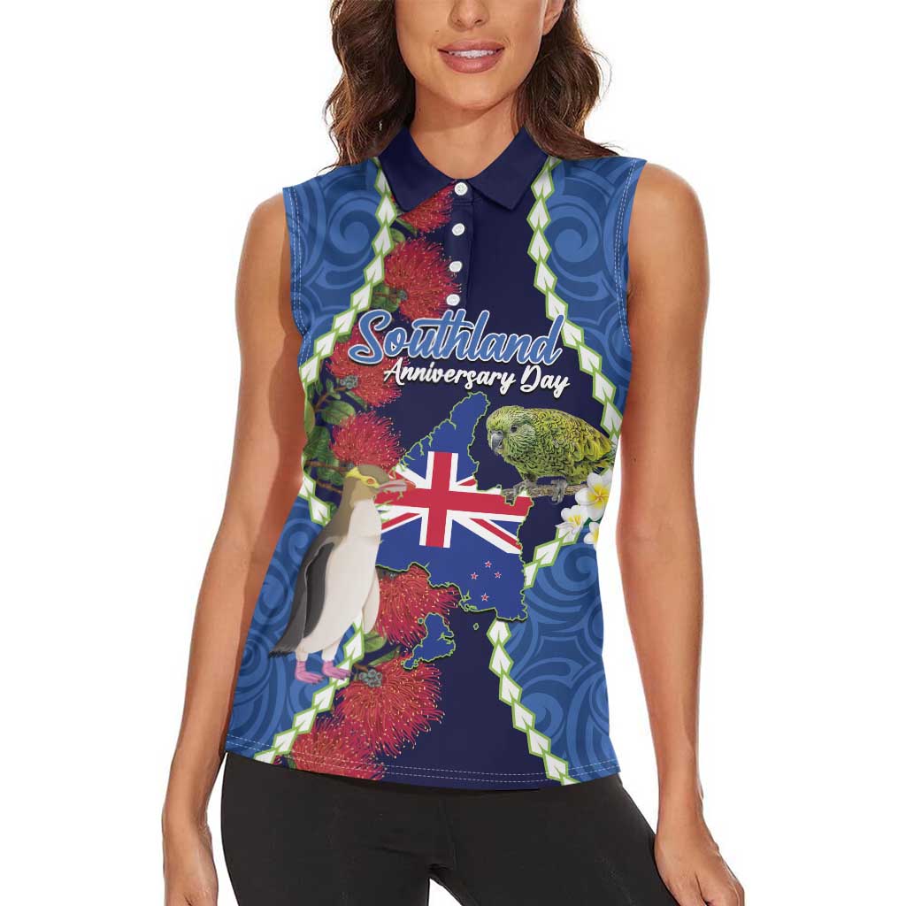 Southland Anniversary Day Women Sleeveless Polo Shirt Murihiku 1861 Maori Bird Mix Pohutukawa