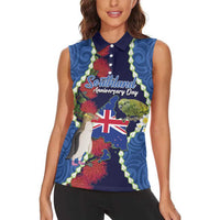 Southland Anniversary Day Women Sleeveless Polo Shirt Murihiku 1861 Maori Bird Mix Pohutukawa