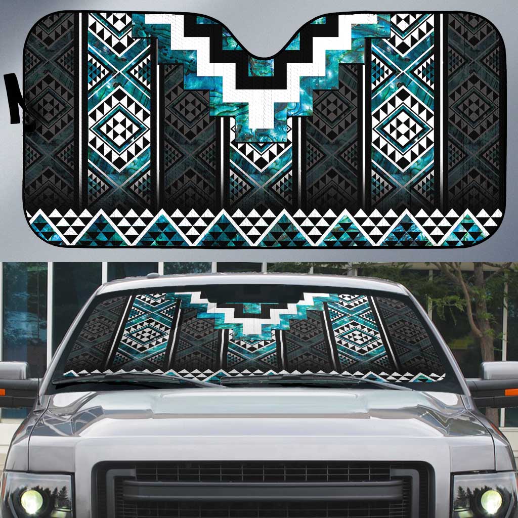 Paua Shell Taniko Pattern Aotearoa Auto Sun Shade Niho Taniwha Mix Poutama - Polynesian Pride