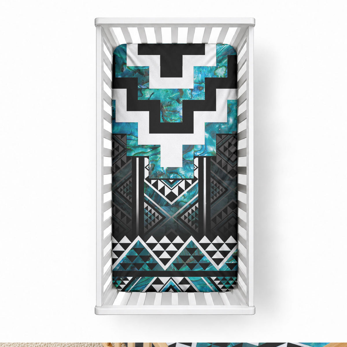 Paua Shell Taniko Pattern Aotearoa Baby Bed Cover Niho Taniwha Mix Poutama LT14 28 × 52 in Turquoise - Polynesian Pride