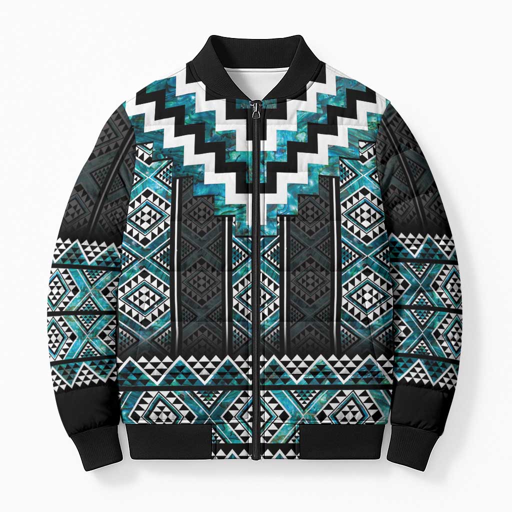 Paua Shell Taniko Pattern Aotearoa Bomber Puffer Jacket Niho Taniwha Mix Poutama LT14 Unisex Turquoise - Polynesian Pride