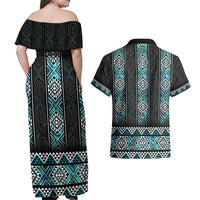 Paua Shell Taniko Pattern Aotearoa Couples Matching Off Shoulder Maxi Dress and Hawaiian Shirt Niho Taniwha Mix Poutama