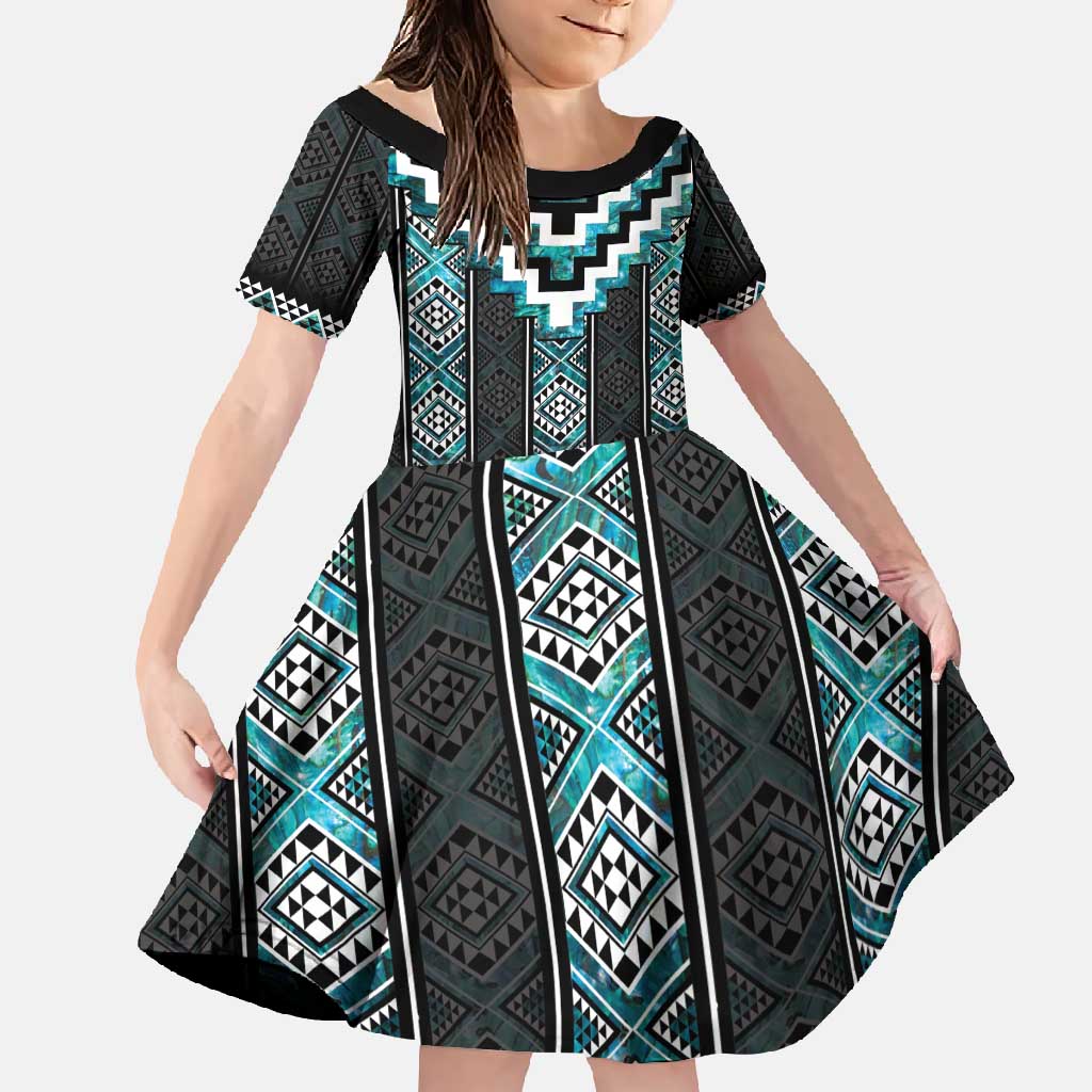 Paua Shell Taniko Pattern Aotearoa Family Matching Long Sleeve Bodycon Dress and Hawaiian Shirt Niho Taniwha Mix Poutama