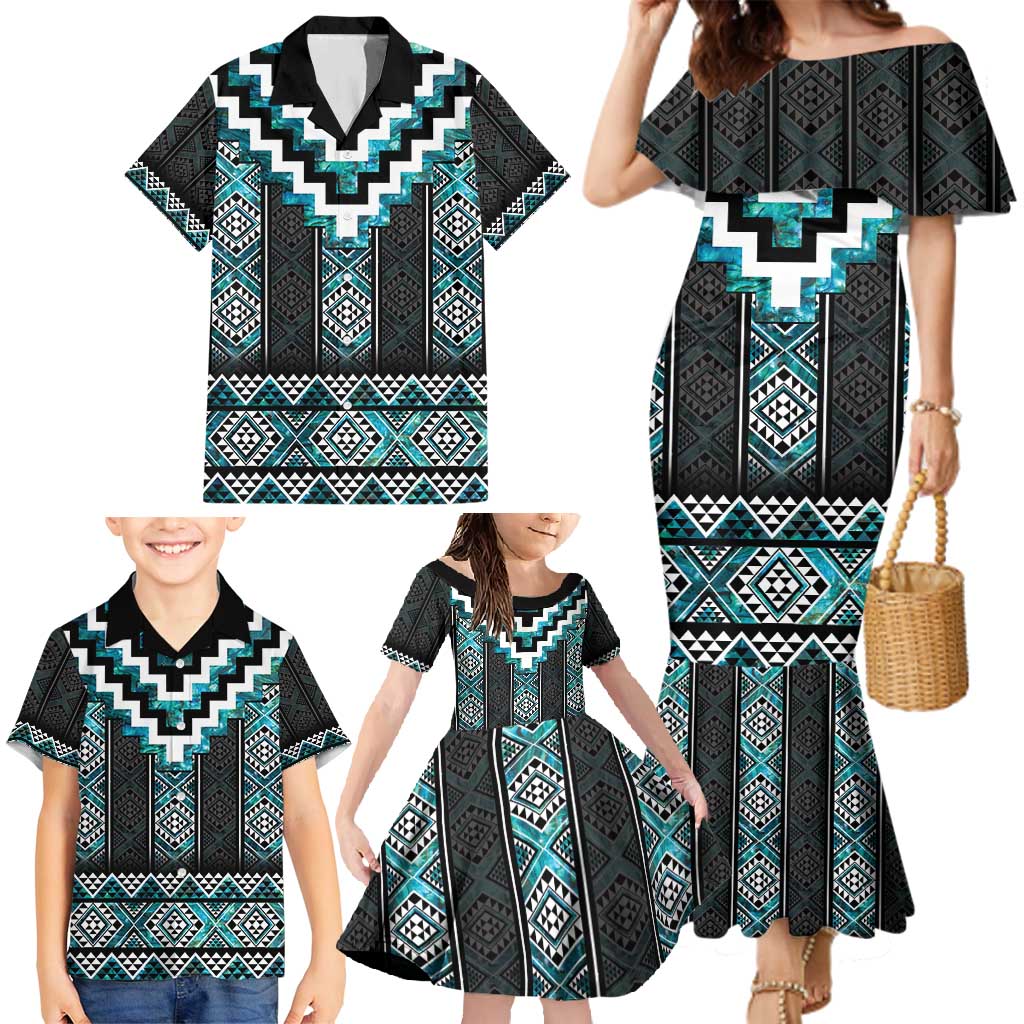 Paua Shell Taniko Pattern Aotearoa Family Matching Mermaid Dress and Hawaiian Shirt Niho Taniwha Mix Poutama