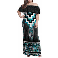 Paua Shell Taniko Pattern Aotearoa Family Matching Off Shoulder Maxi Dress and Hawaiian Shirt Niho Taniwha Mix Poutama