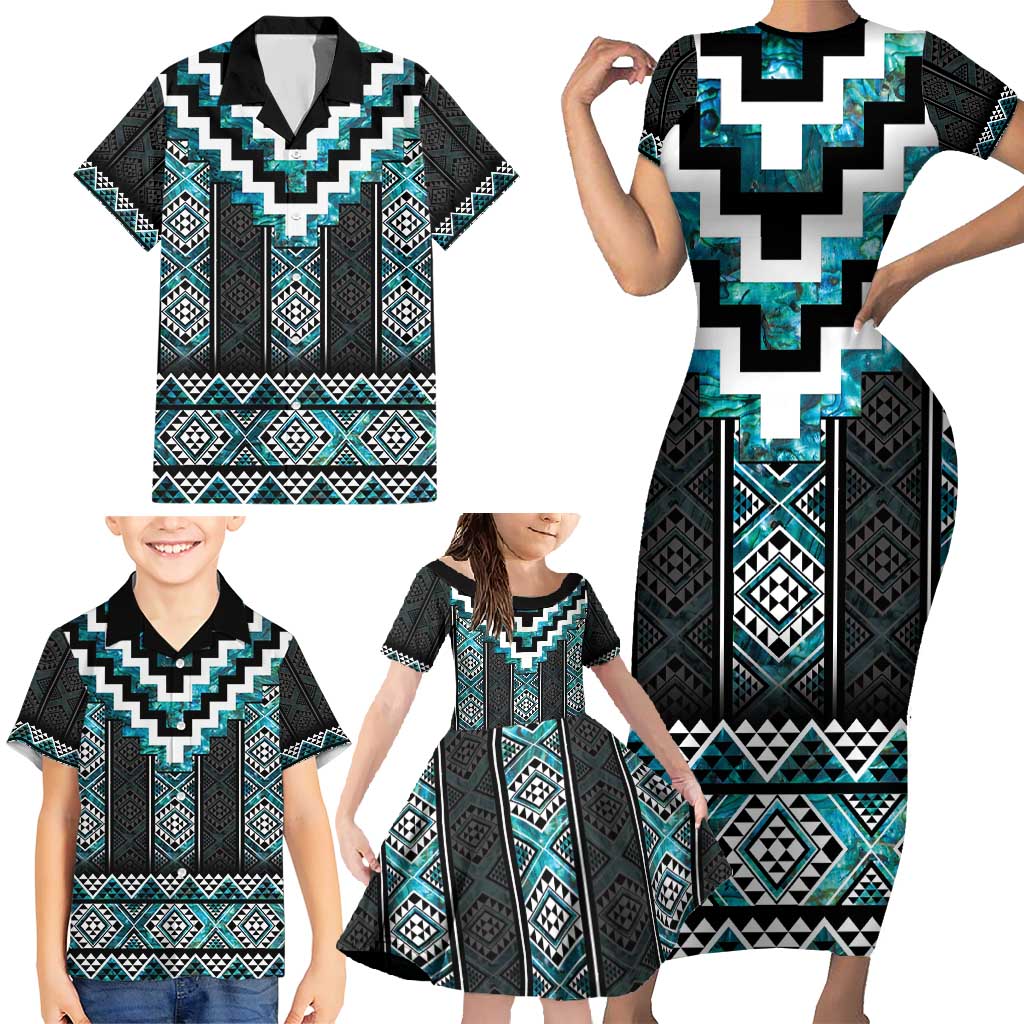 Paua Shell Taniko Pattern Aotearoa Family Matching Short Sleeve Bodycon Dress and Hawaiian Shirt Niho Taniwha Mix Poutama LT14 - Polynesian Pride