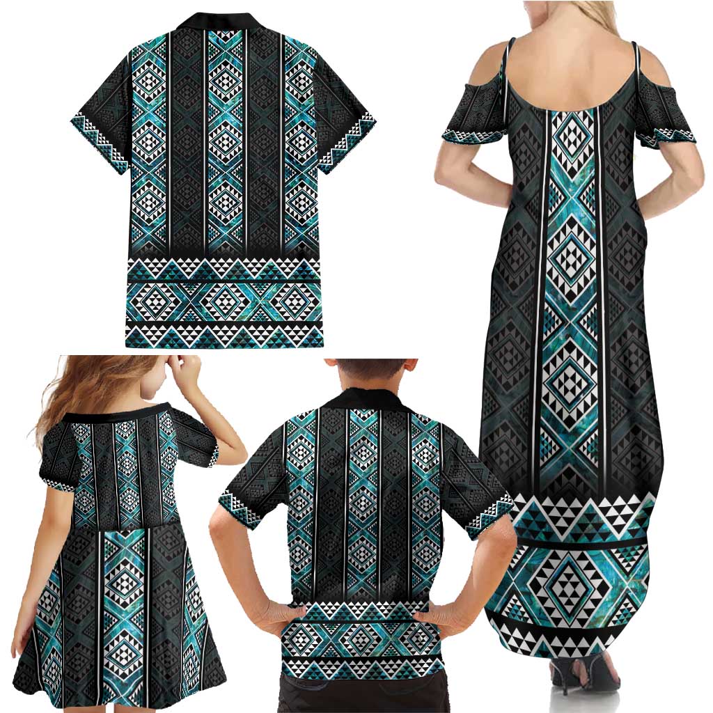 Paua Shell Taniko Pattern Aotearoa Family Matching Summer Maxi Dress and Hawaiian Shirt Niho Taniwha Mix Poutama