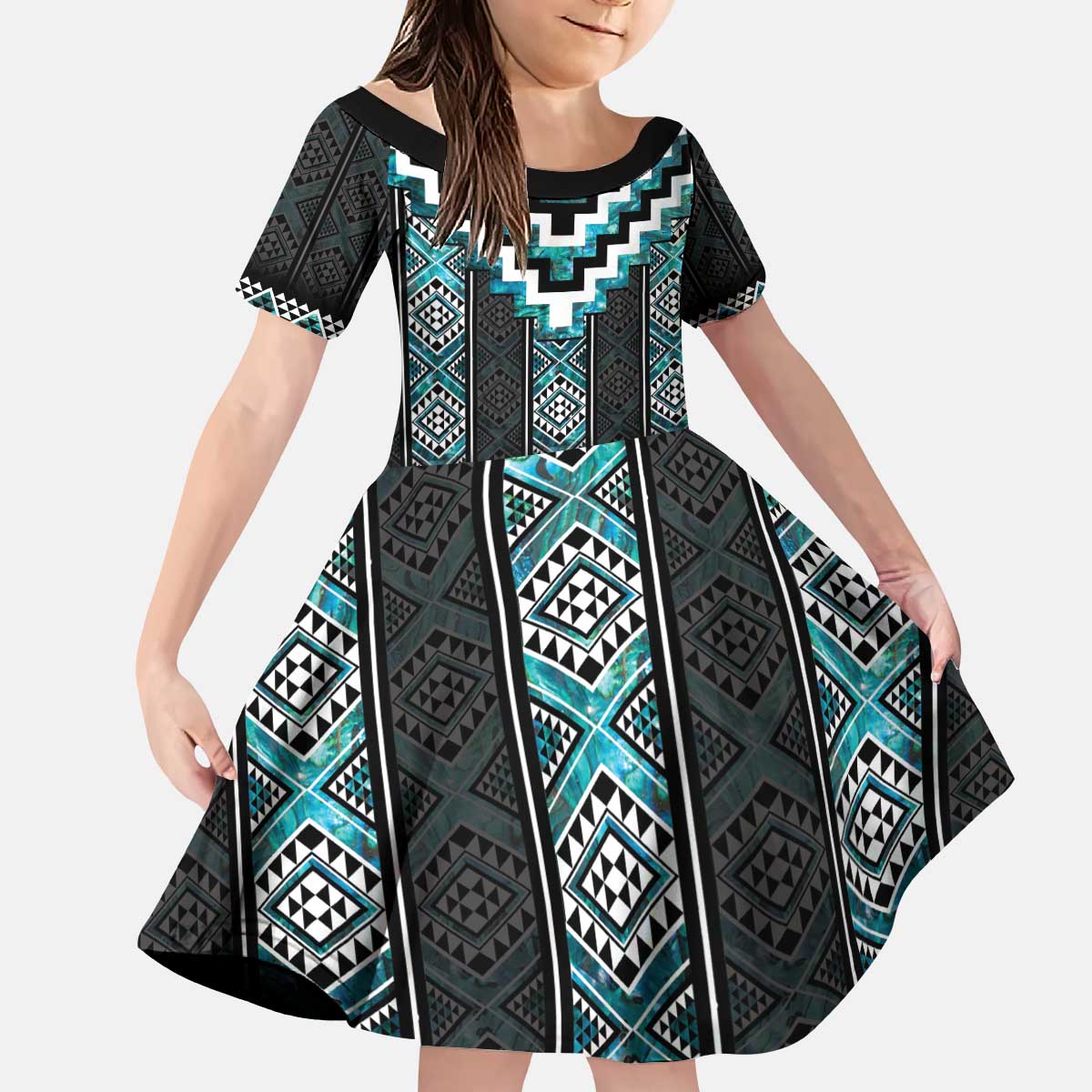Paua Shell Taniko Pattern Aotearoa Kid Short Sleeve Dress Niho Taniwha Mix Poutama