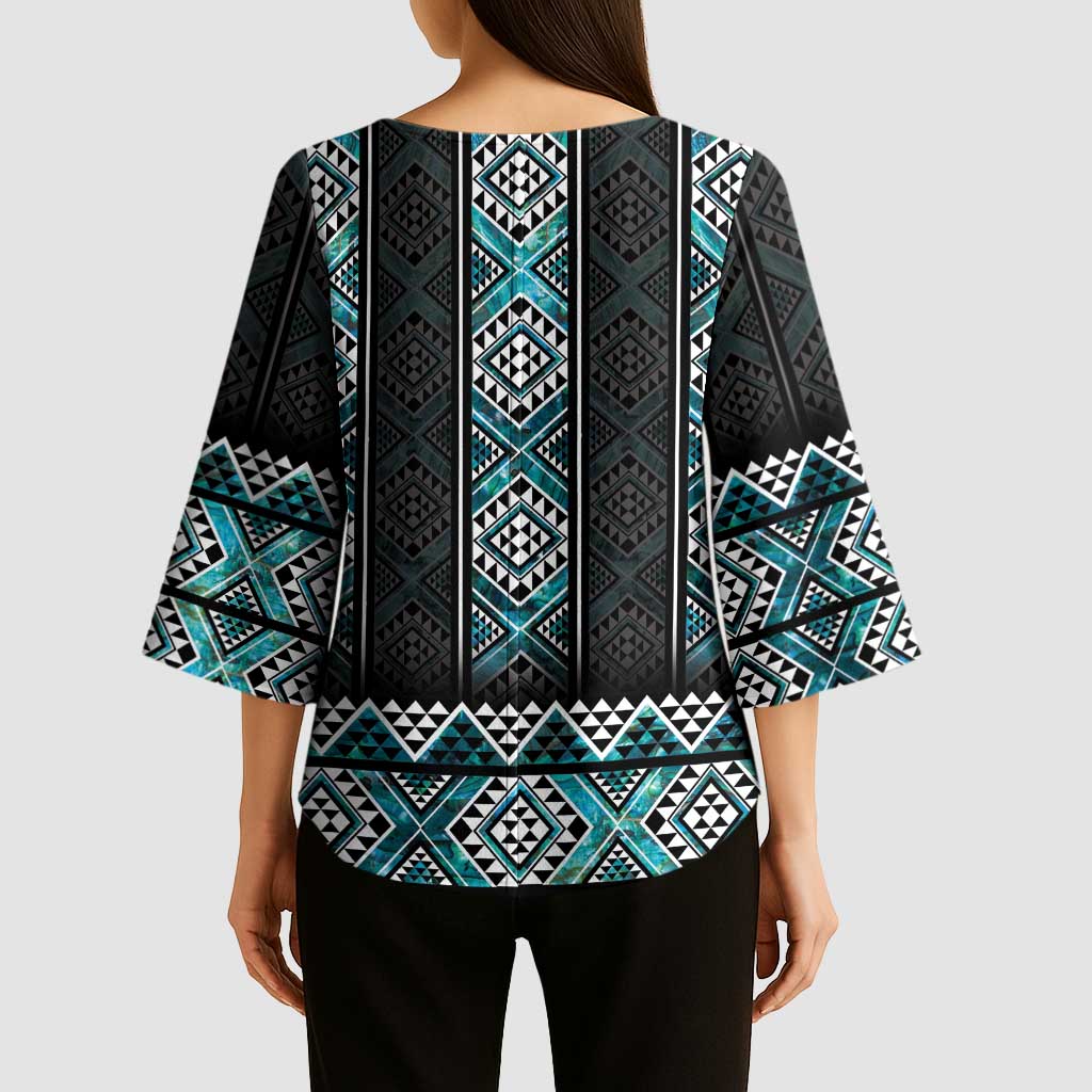 Paua Shell Taniko Pattern Aotearoa Kimono Sleeve Blouse Niho Taniwha Mix Poutama - Polynesian Pride