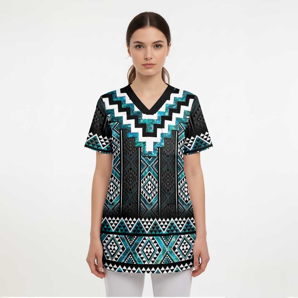 Paua Shell Taniko Pattern Aotearoa Scrub Top Niho Taniwha Mix Poutama - Polynesian Pride