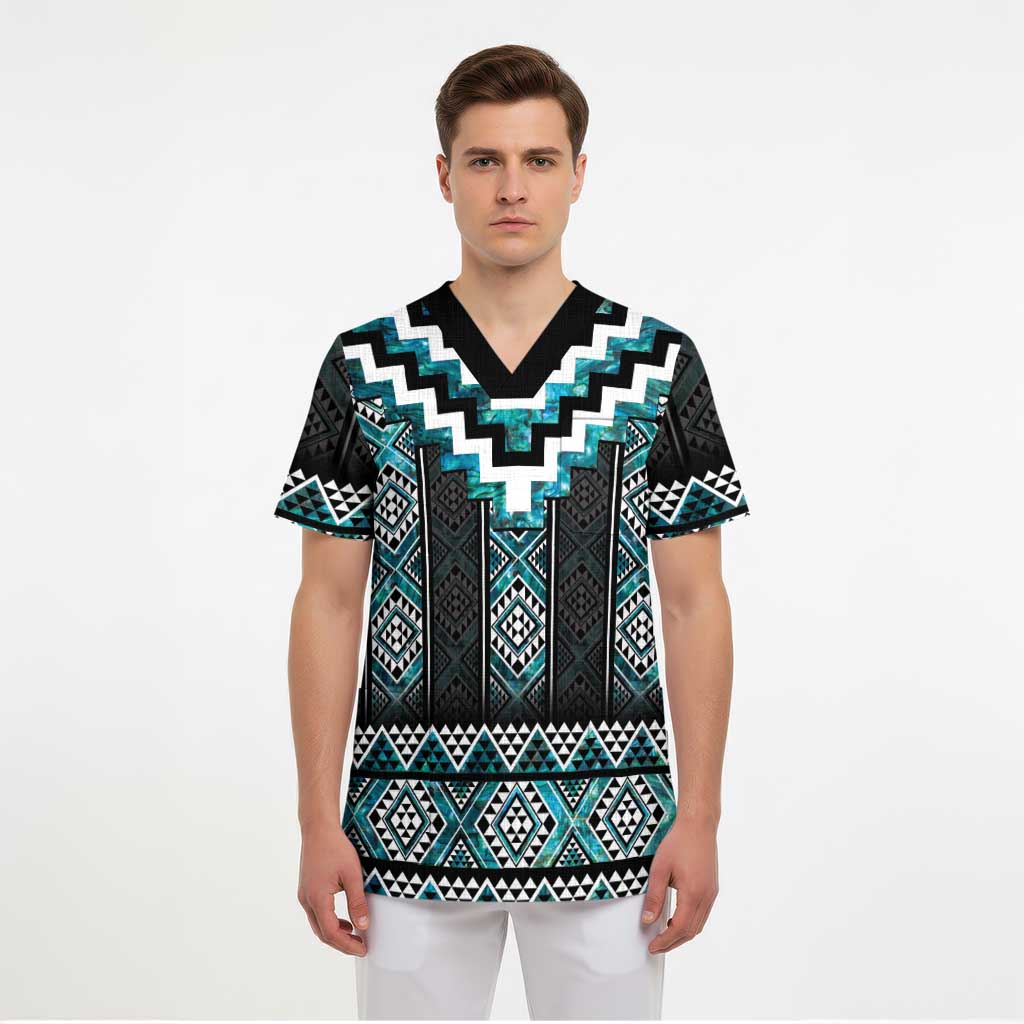 Paua Shell Taniko Pattern Aotearoa Scrub Top Niho Taniwha Mix Poutama - Polynesian Pride