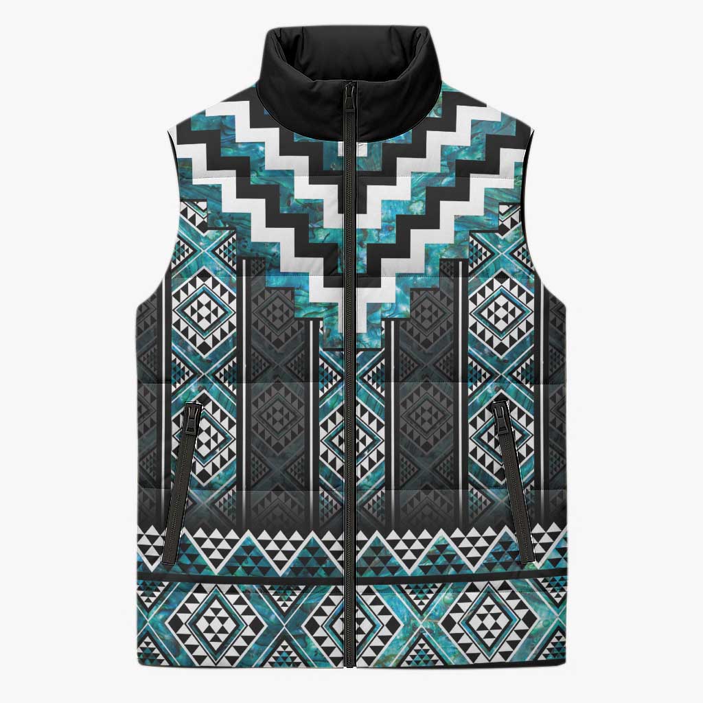 Paua Shell Taniko Pattern Aotearoa Sleeveless Puffer Jacket Niho Taniwha Mix Poutama LT14 Unisex Turquoise - Polynesian Pride