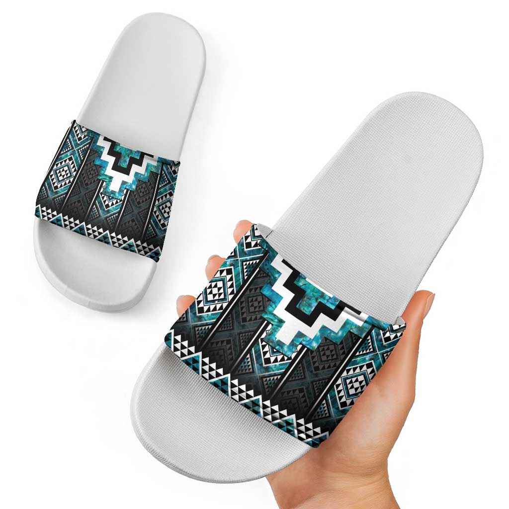 Paua Shell Taniko Pattern Aotearoa Slide Sandals Niho Taniwha Mix Poutama - Polynesian Pride