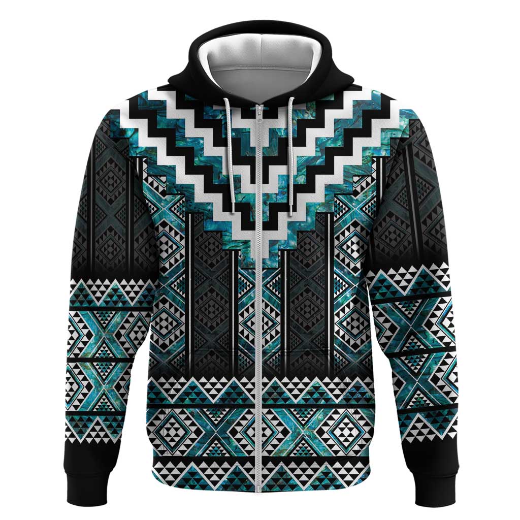 Paua Shell Taniko Pattern Aotearoa Zip Hoodie Niho Taniwha Mix Poutama LT14 Zip Hoodie Turquoise - Polynesian Pride