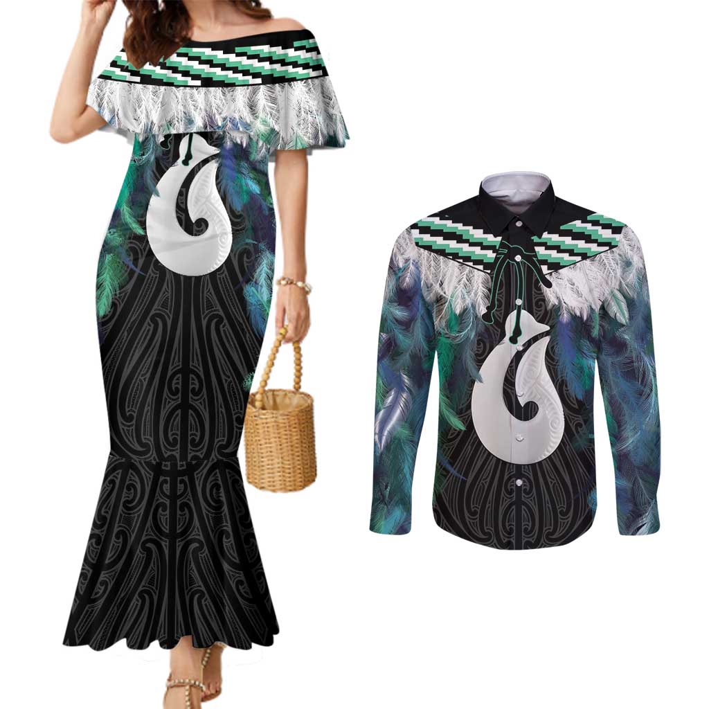 Aotearoa Korowai Motif Couples Matching Mermaid Dress and Long Sleeve Button Shirt Hei Matau Poutama Maori Pattern