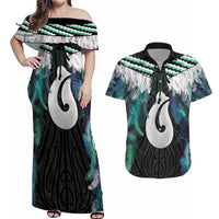 Aotearoa Korowai Motif Couples Matching Off Shoulder Maxi Dress and Hawaiian Shirt Hei Matau Poutama Maori Pattern