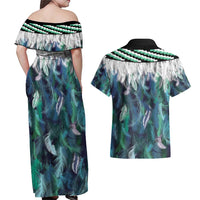 Aotearoa Korowai Motif Couples Matching Off Shoulder Maxi Dress and Hawaiian Shirt Hei Matau Poutama Maori Pattern