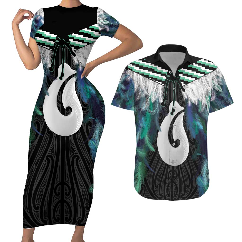 Aotearoa Korowai Motif Couples Matching Short Sleeve Bodycon Dress and Hawaiian Shirt Hei Matau Poutama Maori Pattern LT14 Turquoise - Polynesian Pride