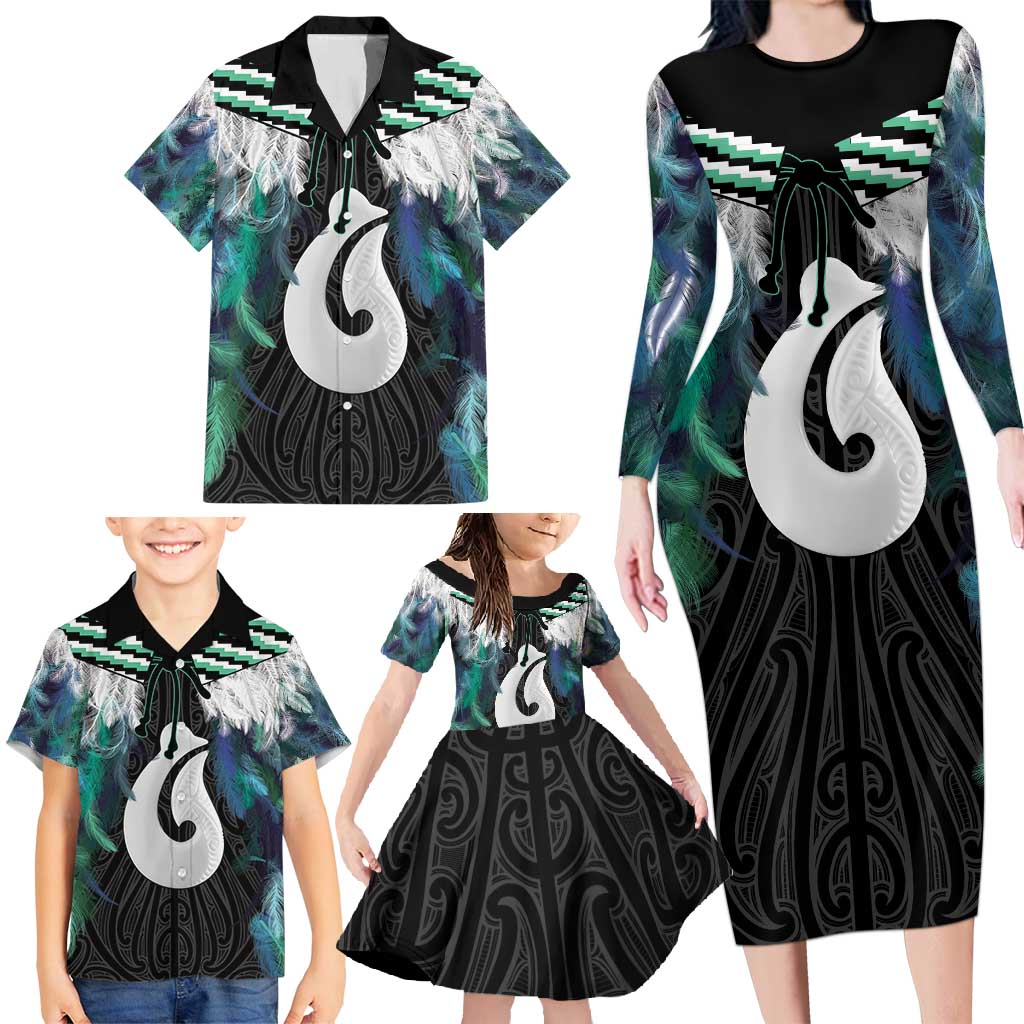 Aotearoa Korowai Motif Family Matching Long Sleeve Bodycon Dress and Hawaiian Shirt Hei Matau Poutama Maori Pattern LT14 - Polynesian Pride