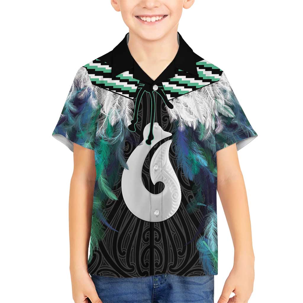 Aotearoa Korowai Motif Family Matching Long Sleeve Bodycon Dress and Hawaiian Shirt Hei Matau Poutama Maori Pattern LT14 Son's Shirt Turquoise - Polynesian Pride