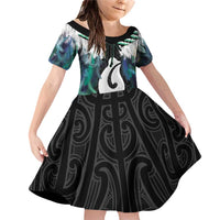 Aotearoa Korowai Motif Family Matching Off Shoulder Short Dress and Hawaiian Shirt Hei Matau Poutama Maori Pattern LT14 Daughter's Dress Turquoise - Polynesian Pride