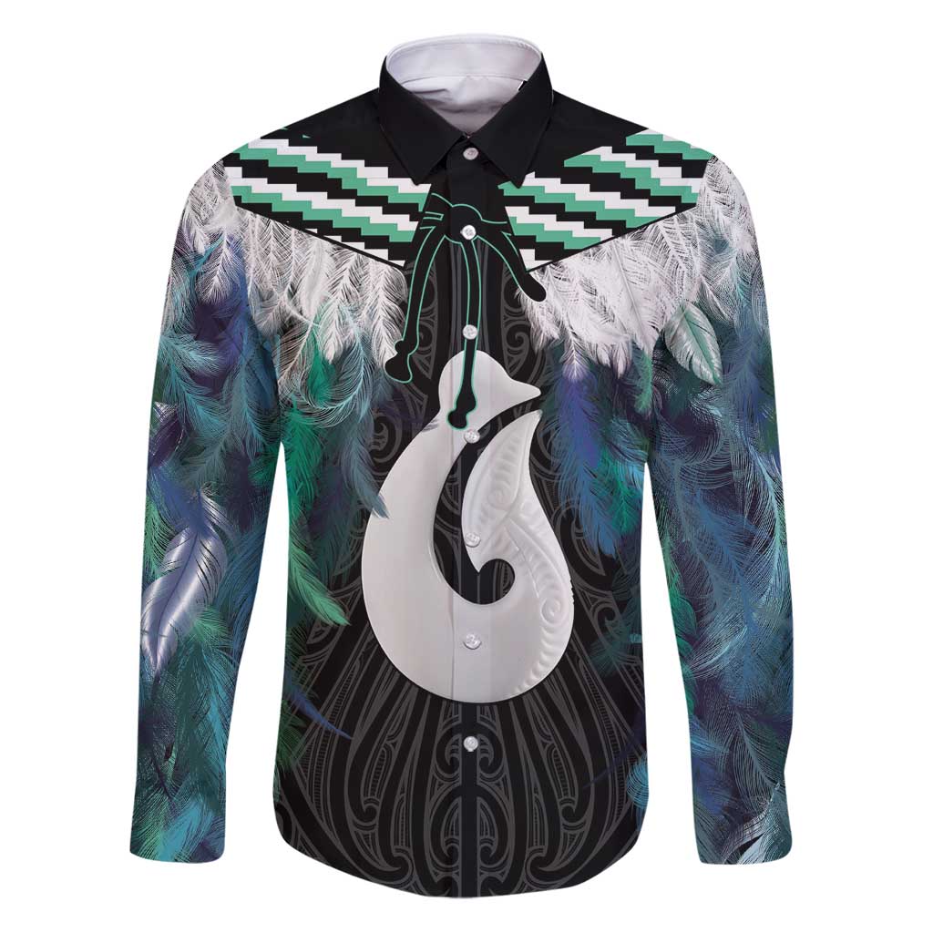 Aotearoa Korowai Motif Family Matching Puletasi and Hawaiian Shirt Hei Matau Poutama Maori Pattern LT14 Dad's Shirt - Long Sleeve Turquoise - Polynesian Pride
