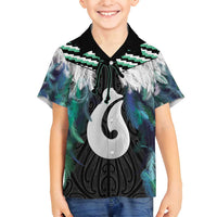 Aotearoa Korowai Motif Family Matching Puletasi and Hawaiian Shirt Hei Matau Poutama Maori Pattern LT14 Son's Shirt Turquoise - Polynesian Pride