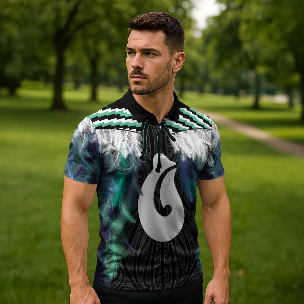 Aotearoa Korowai Motif Zipper Polo Shirt Hei Matau Poutama Maori Pattern - Polynesian Pride