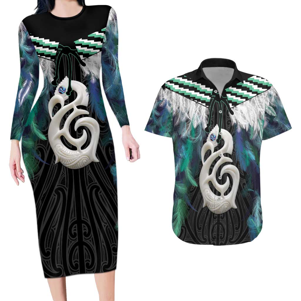Aotearoa Korowai Motif Couples Matching Long Sleeve Bodycon Dress and Hawaiian Shirt Hei Manaia Poutama Maori Pattern LT14 Turquoise - Polynesian Pride