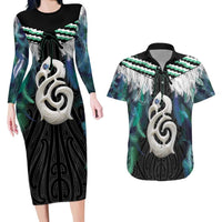Aotearoa Korowai Motif Couples Matching Long Sleeve Bodycon Dress and Hawaiian Shirt Hei Manaia Poutama Maori Pattern LT14 Turquoise - Polynesian Pride
