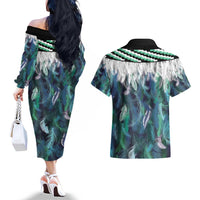 Aotearoa Korowai Motif Couples Matching Off The Shoulder Long Sleeve Dress and Hawaiian Shirt Hei Manaia Poutama Maori Pattern LT14 - Polynesian Pride
