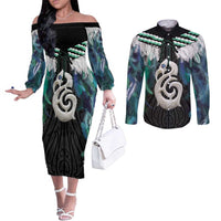 Aotearoa Korowai Motif Couples Matching Off The Shoulder Long Sleeve Dress and Long Sleeve Button Shirt Hei Manaia Poutama Maori Pattern