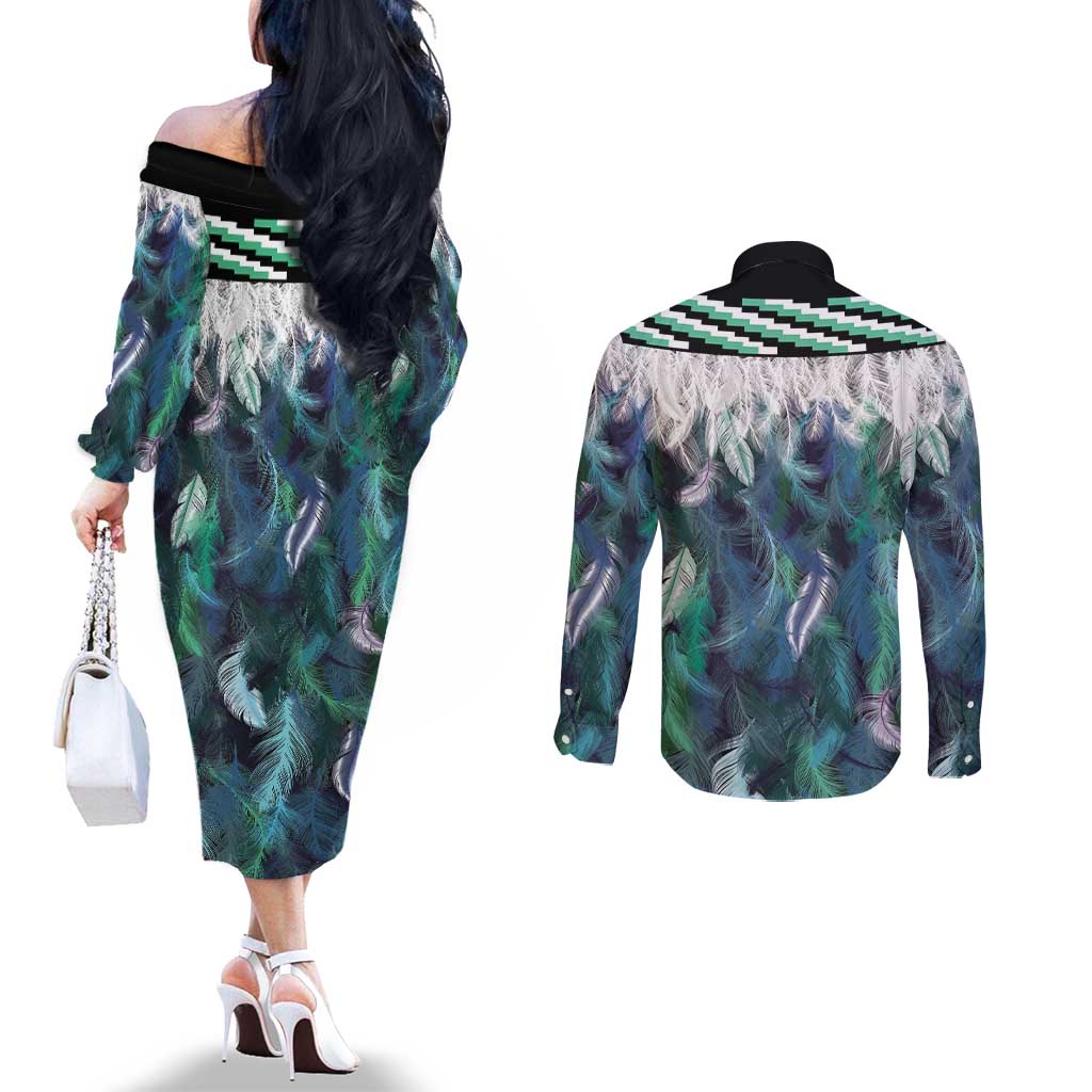 Aotearoa Korowai Motif Couples Matching Off The Shoulder Long Sleeve Dress and Long Sleeve Button Shirt Hei Manaia Poutama Maori Pattern