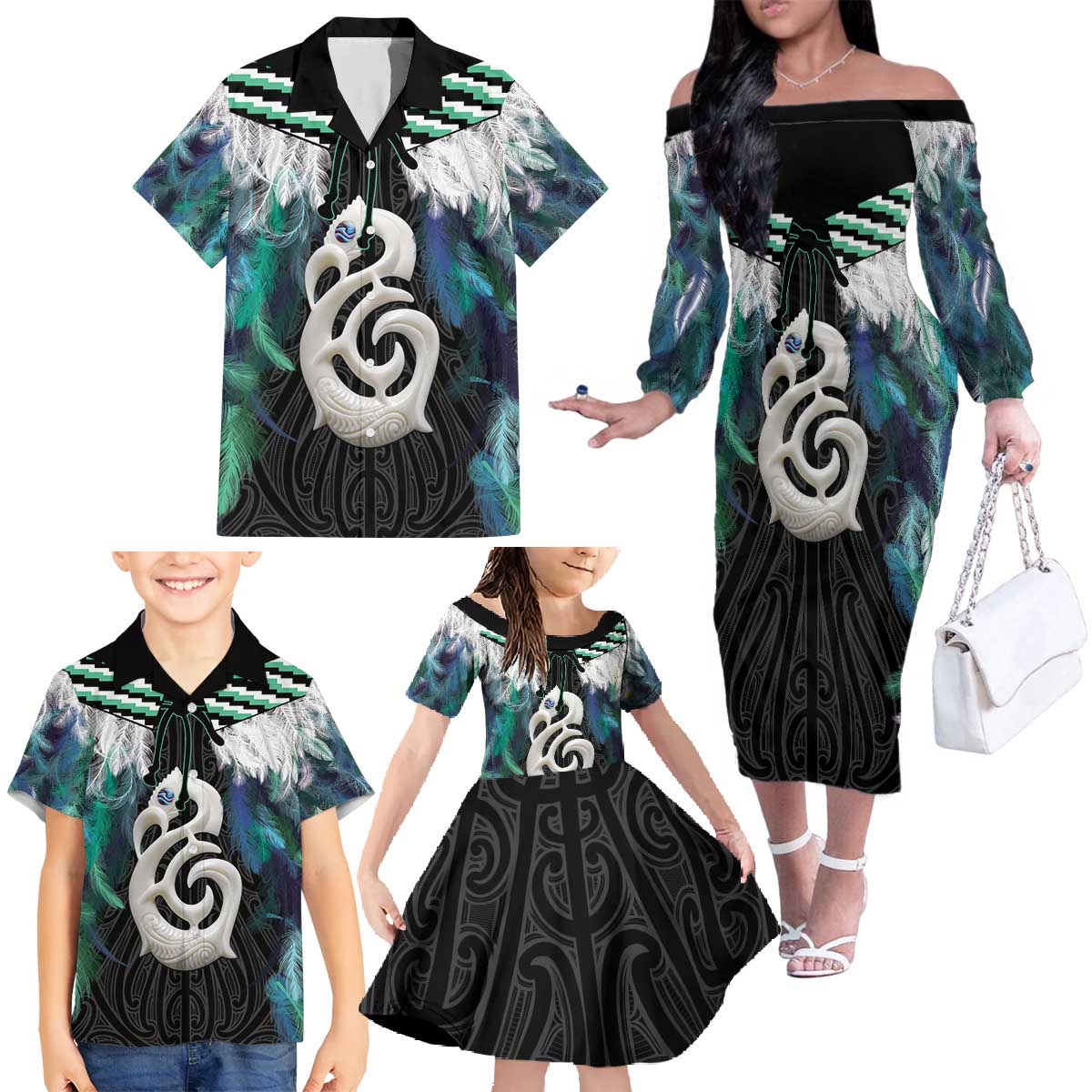 Aotearoa Korowai Motif Family Matching Off The Shoulder Long Sleeve Dress and Hawaiian Shirt Hei Manaia Poutama Maori Pattern LT14 - Polynesian Pride
