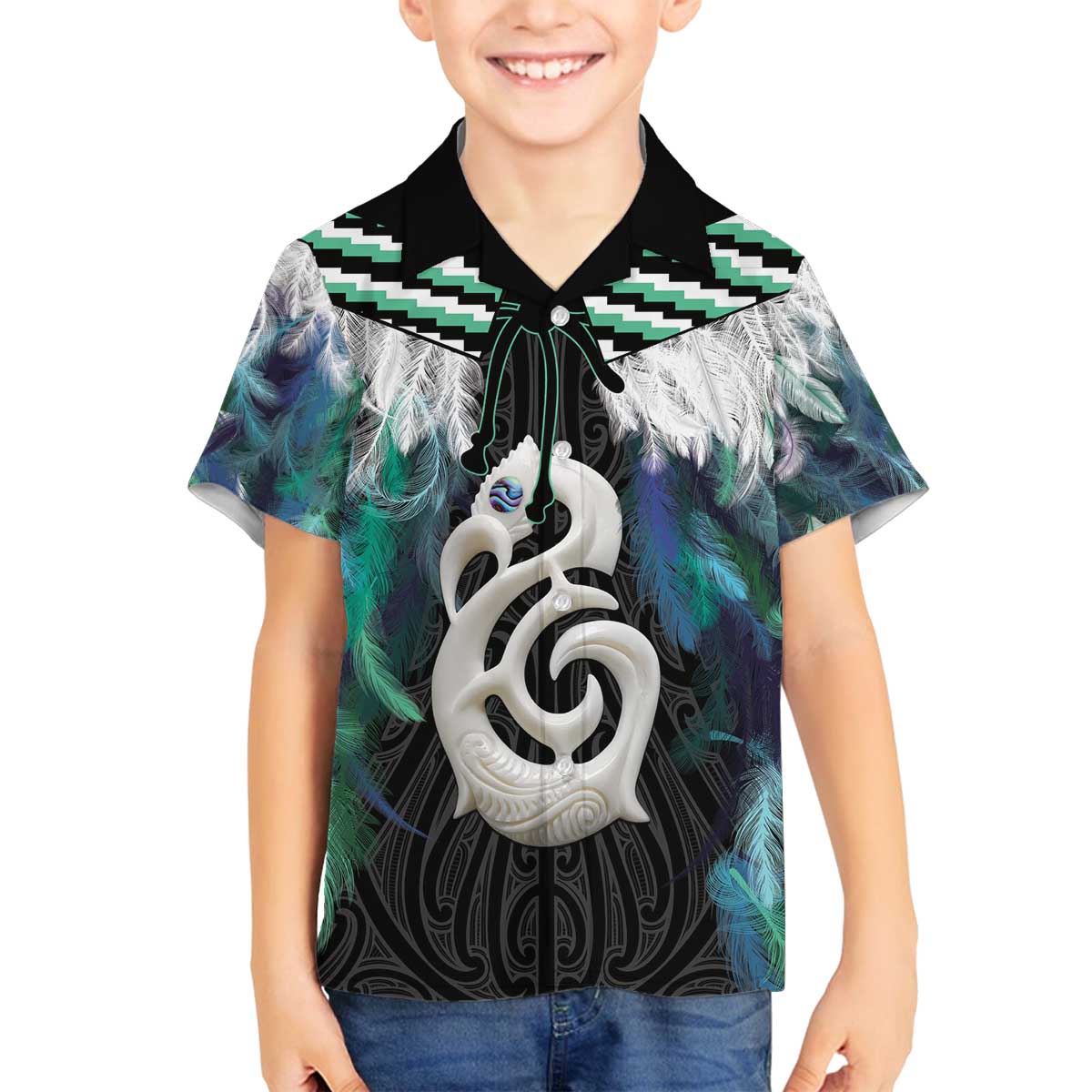 Aotearoa Korowai Motif Family Matching Off The Shoulder Long Sleeve Dress and Hawaiian Shirt Hei Manaia Poutama Maori Pattern LT14 Son's Shirt Turquoise - Polynesian Pride