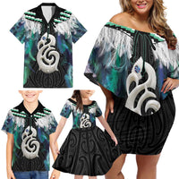 Aotearoa Korowai Motif Family Matching Off Shoulder Short Dress and Hawaiian Shirt Hei Manaia Poutama Maori Pattern LT14 - Polynesian Pride