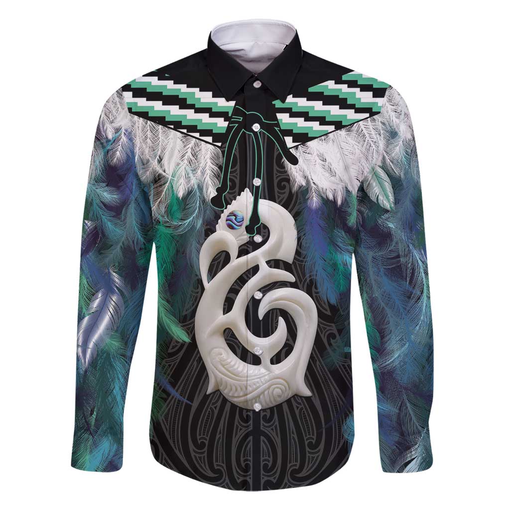 Aotearoa Korowai Motif Family Matching Off Shoulder Short Dress and Hawaiian Shirt Hei Manaia Poutama Maori Pattern LT14 Dad's Shirt - Long Sleeve Turquoise - Polynesian Pride
