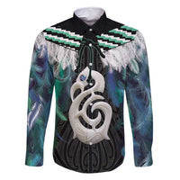 Aotearoa Korowai Motif Family Matching Off Shoulder Short Dress and Hawaiian Shirt Hei Manaia Poutama Maori Pattern LT14 Dad's Shirt - Long Sleeve Turquoise - Polynesian Pride