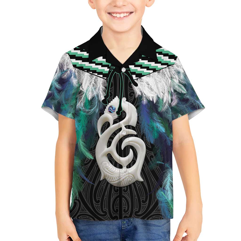 Aotearoa Korowai Motif Family Matching Off Shoulder Short Dress and Hawaiian Shirt Hei Manaia Poutama Maori Pattern LT14 Son's Shirt Turquoise - Polynesian Pride