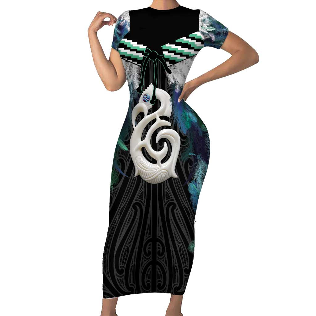 Aotearoa Korowai Motif Family Matching Short Sleeve Bodycon Dress and Hawaiian Shirt Hei Manaia Poutama Maori Pattern LT14 Mom's Dress Turquoise - Polynesian Pride