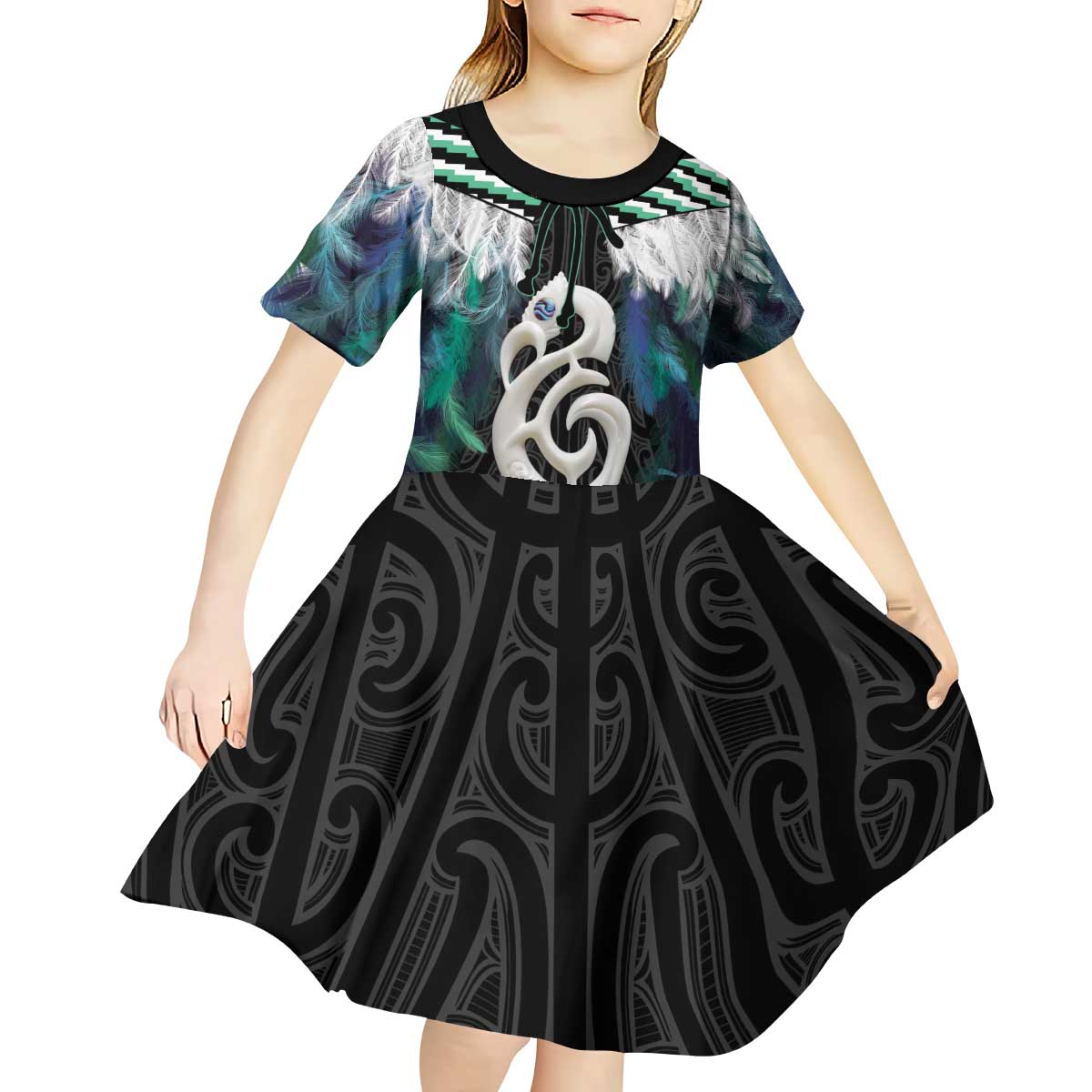 Aotearoa Korowai Motif Kid Short Sleeve Dress Hei Manaia Poutama Maori Pattern