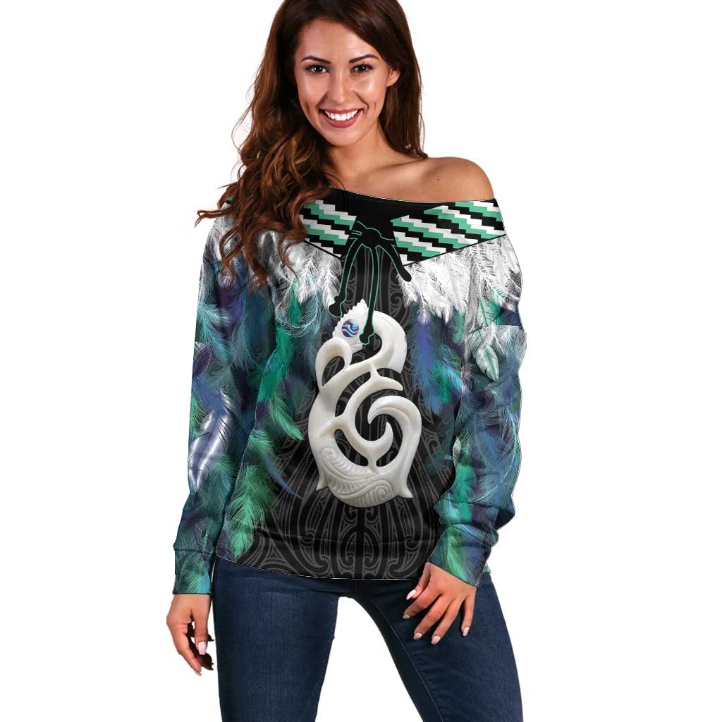 Aotearoa Korowai Motif Off Shoulder Sweater Hei Manaia Poutama Maori Pattern