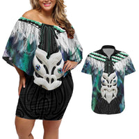 Aotearoa Korowai Motif Couples Matching Off Shoulder Short Dress and Hawaiian Shirt Maori Wheku Poutama LT14 Turquoise - Polynesian Pride