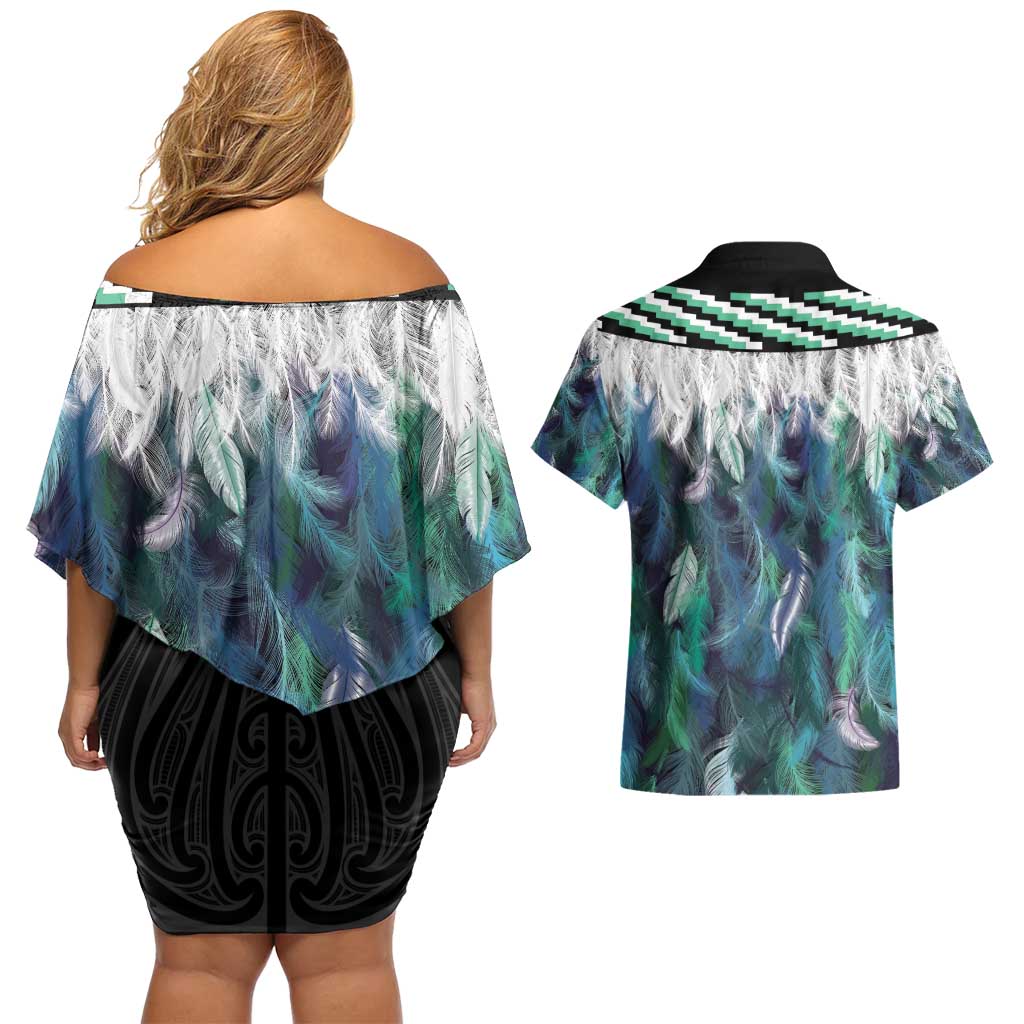 Aotearoa Korowai Motif Couples Matching Off Shoulder Short Dress and Hawaiian Shirt Maori Wheku Poutama LT14 - Polynesian Pride