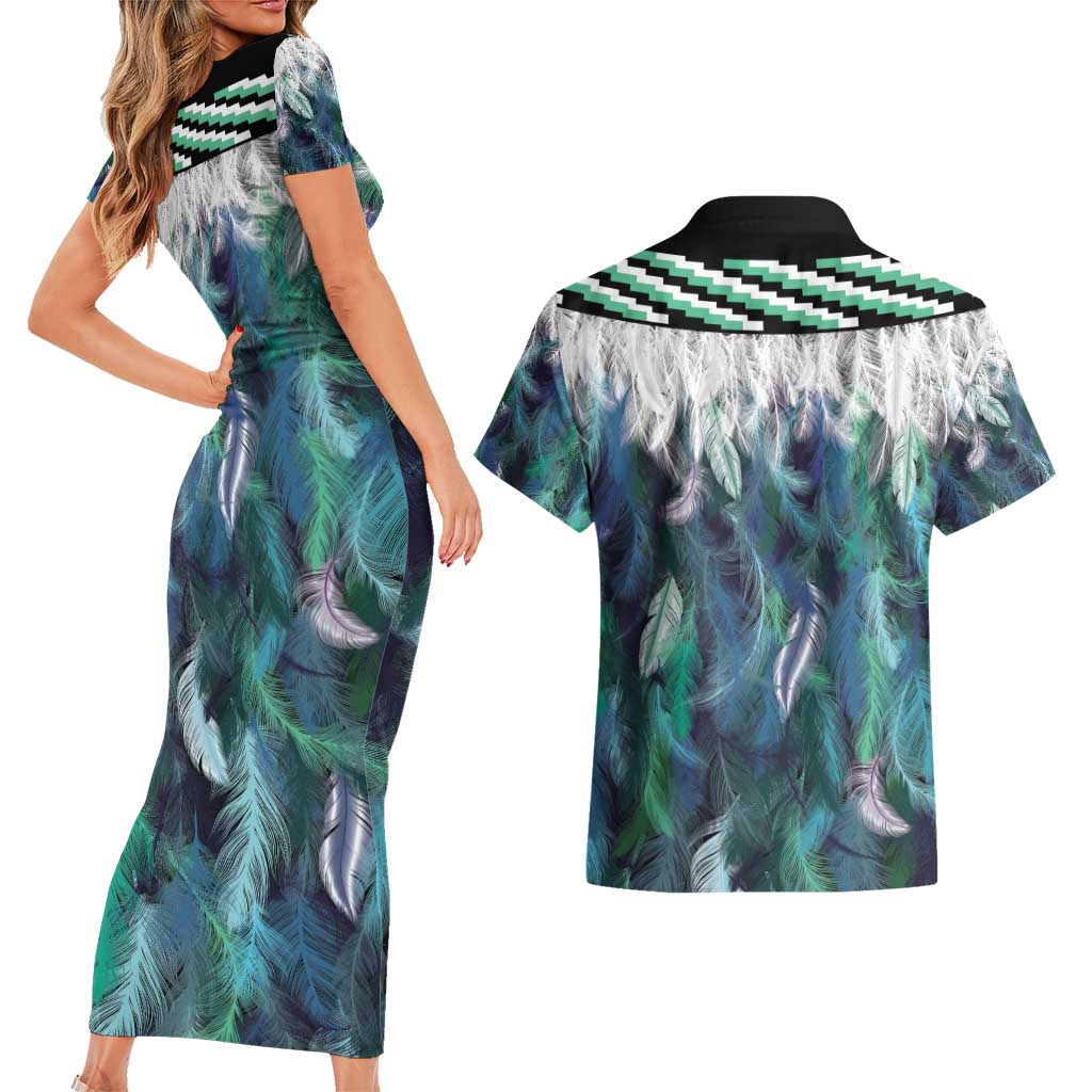 Aotearoa Korowai Motif Couples Matching Short Sleeve Bodycon Dress and Hawaiian Shirt Maori Wheku Poutama LT14 - Polynesian Pride