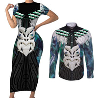 Aotearoa Korowai Motif Couples Matching Short Sleeve Bodycon Dress and Long Sleeve Button Shirt Maori Wheku Poutama LT14 Turquoise - Polynesian Pride