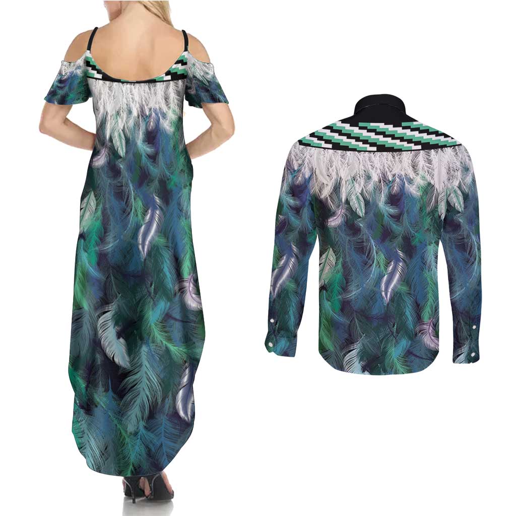 Aotearoa Korowai Motif Couples Matching Summer Maxi Dress and Long Sleeve Button Shirt Maori Wheku Poutama