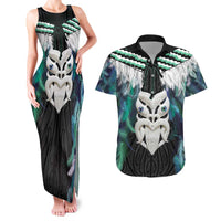 Aotearoa Korowai Motif Couples Matching Tank Maxi Dress and Hawaiian Shirt Maori Wheku Poutama LT14 Turquoise - Polynesian Pride
