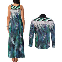 Aotearoa Korowai Motif Couples Matching Tank Maxi Dress and Long Sleeve Button Shirt Maori Wheku Poutama