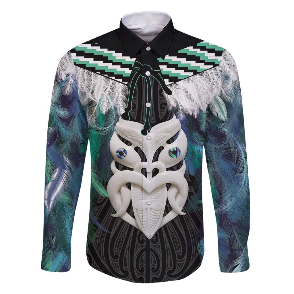 Aotearoa Korowai Motif Family Matching Long Sleeve Bodycon Dress and Hawaiian Shirt Maori Wheku Poutama LT14 Dad's Shirt - Long Sleeve Turquoise - Polynesian Pride
